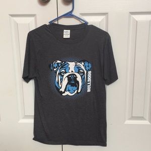 Dark grey t-shirt with bulldog design on front.